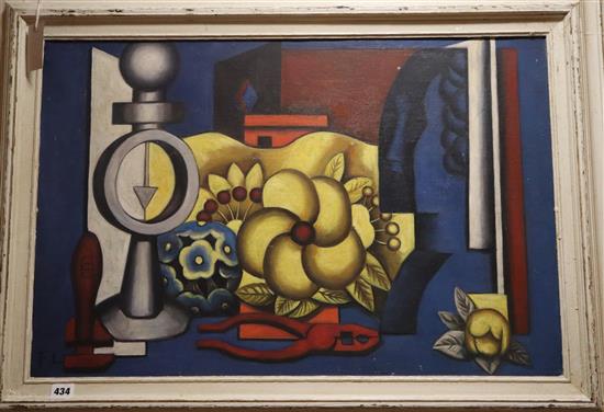 After Fernand Leger, oil on board, Still life, bear initials, 50 x 75cm